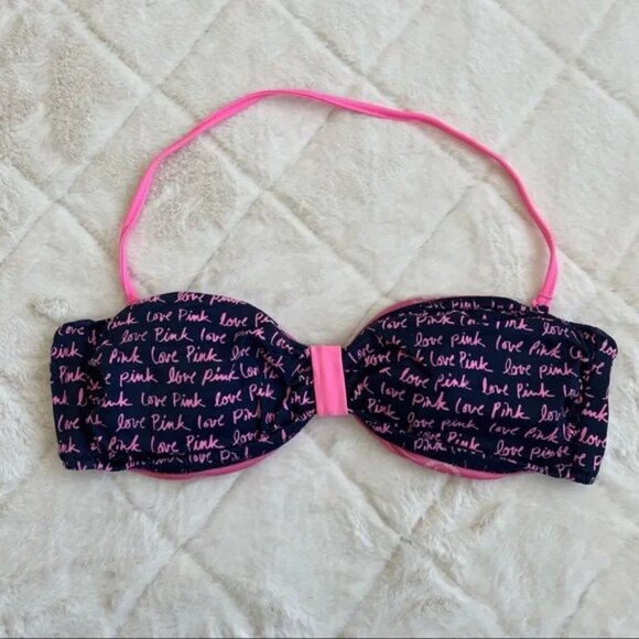 Victoria’s Secret Pink | Navy and Pink Graffiti Bandeau Bikini Top | Size Medium - Picture 2 of 10